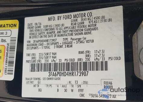 2017 Ford Fusion Se из США, поврежденный, VIN 3FA6P0HD4HR173907